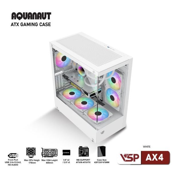 Thùng máy tính VSP Gaming Aquanaut AX4 (ATX, 2 mặt kính) - Màu trắng