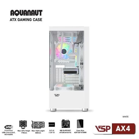 Thùng máy tính VSP Gaming Aquanaut AX4 (ATX, 2 mặt kính) - Màu trắng