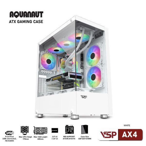 Thùng máy tính VSP Gaming Aquanaut AX4 (ATX, 2 mặt kính) - Màu trắng