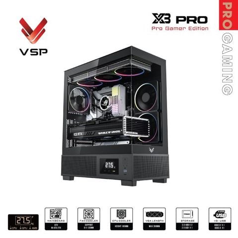 Thùng máy tính Gaming VSP X3 Pro (ATX, hiển thị nhiệt độ) - Màu đen