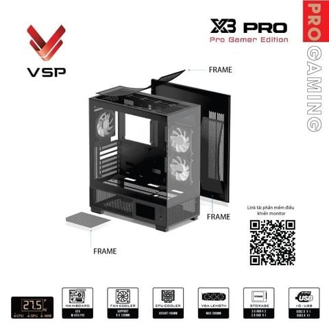 Thùng máy tính Gaming VSP X3 Pro (ATX, hiển thị nhiệt độ) - Màu đen