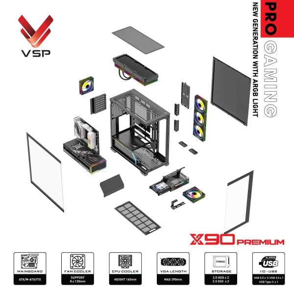 Thùng máy tính VSP Pro Gaming ATX - X90 Premium LED Light ARGB - Màu đen