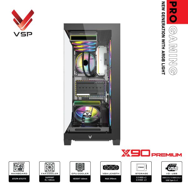 Thùng máy tính VSP Pro Gaming ATX - X90 Premium LED Light ARGB - Màu đen