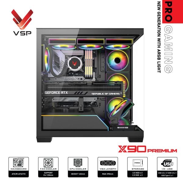 Thùng máy tính VSP Pro Gaming ATX - X90 Premium LED Light ARGB - Màu đen