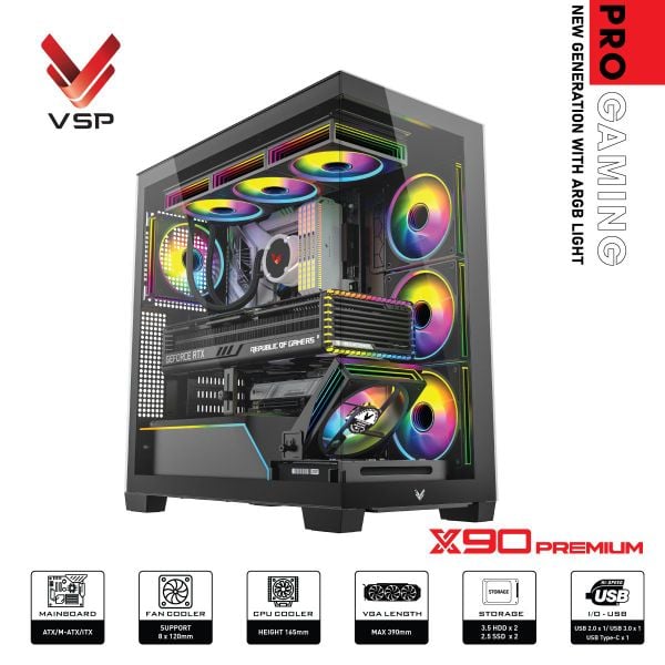 Thùng máy tính VSP Pro Gaming ATX - X90 Premium LED Light ARGB - Màu đen
