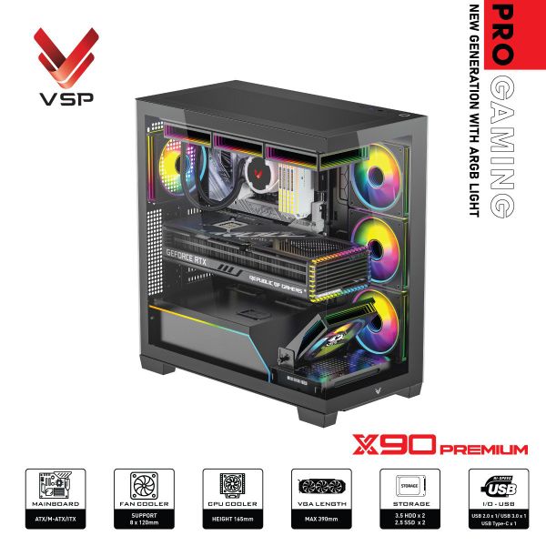 Thùng máy tính VSP Pro Gaming ATX - X90 Premium LED Light ARGB - Màu đen