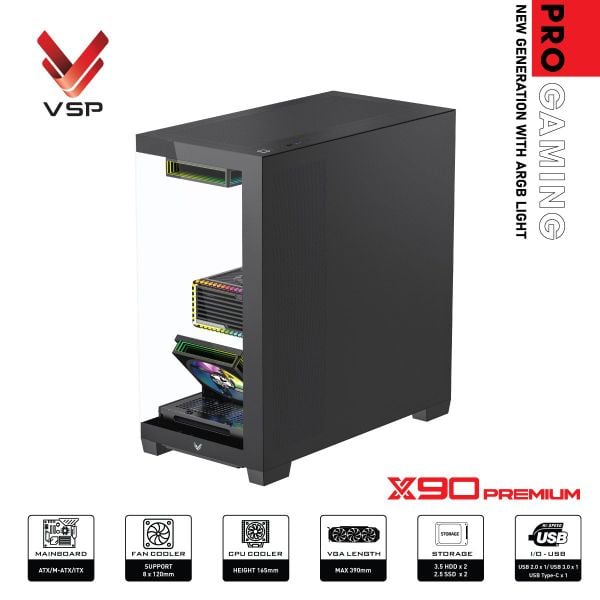 Thùng máy tính VSP Pro Gaming ATX - X90 Premium LED Light ARGB - Màu đen