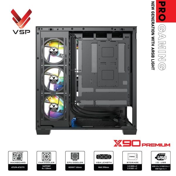 Thùng máy tính VSP Pro Gaming ATX - X90 Premium LED Light ARGB - Màu đen