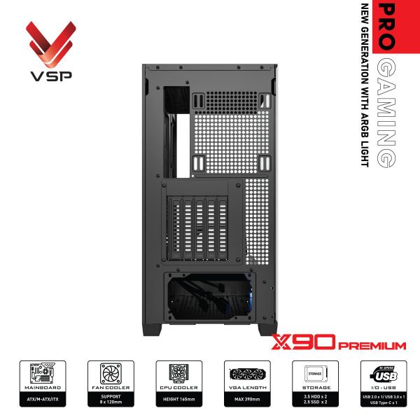 Thùng máy tính VSP Pro Gaming ATX - X90 Premium LED Light ARGB - Màu đen