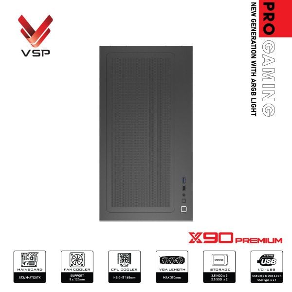 Thùng máy tính VSP Pro Gaming ATX - X90 Premium LED Light ARGB - Màu đen