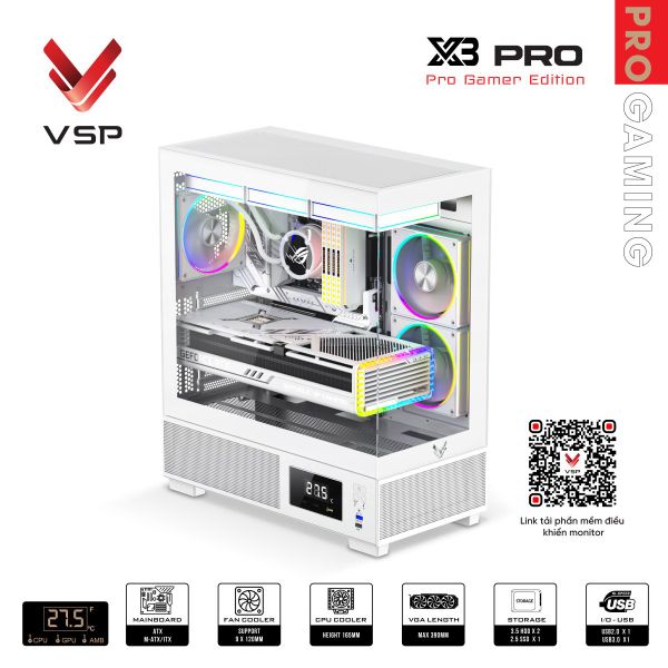 Thùng máy tính Gaming VSP X3 Pro (ATX, hiển thị nhiệt độ) - Màu trắng