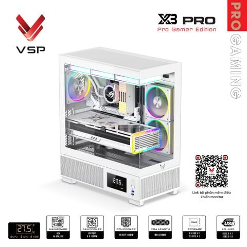 Thùng máy tính Gaming VSP X3 Pro (ATX, hiển thị nhiệt độ) - Màu trắng