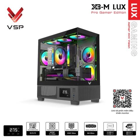 Thùng máy tính VSP Gaming X3-M Lux (M-ATX, hiển thị nhiệt độ) - Màu đen