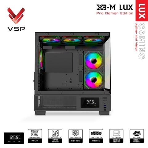Thùng máy tính VSP Gaming X3-M Lux (M-ATX, hiển thị nhiệt độ) - Màu đen