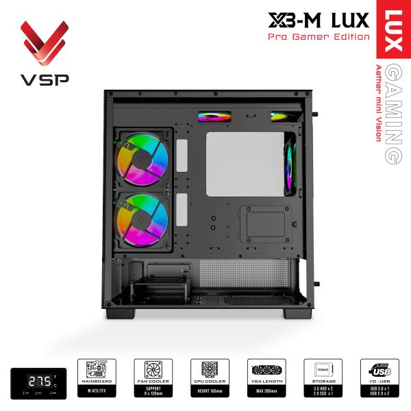 Thùng máy tính VSP Gaming X3-M Lux (M-ATX, hiển thị nhiệt độ) - Màu đen