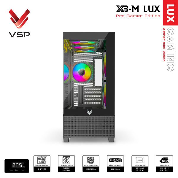 Thùng máy tính VSP Gaming X3-M Lux (M-ATX, hiển thị nhiệt độ) - Màu đen