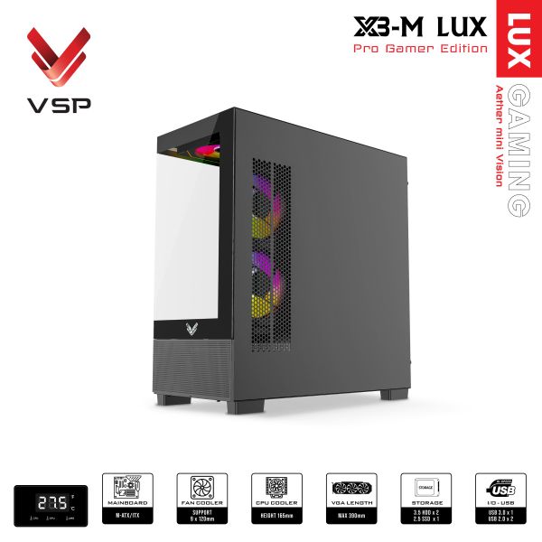 Thùng máy tính VSP Gaming X3-M Lux (M-ATX, hiển thị nhiệt độ) - Màu đen