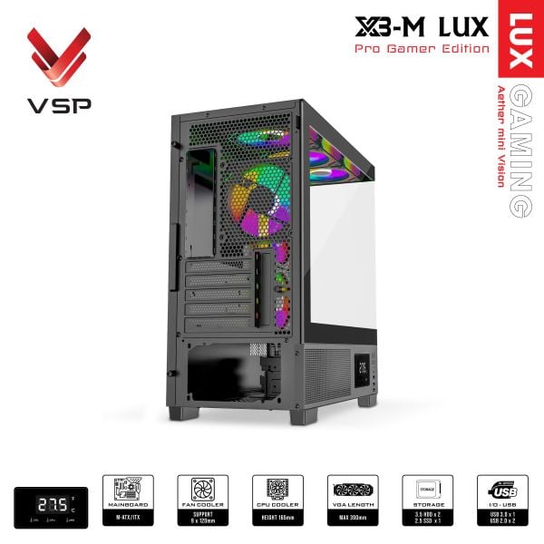 Thùng máy tính VSP Gaming X3-M Lux (M-ATX, hiển thị nhiệt độ) - Màu đen