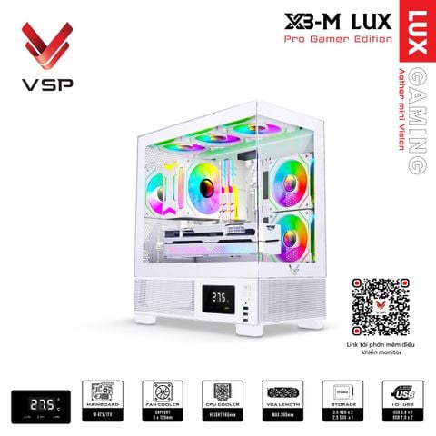 Thùng máy tính VSP Gaming X3-M Lux (M-ATX, hiển thị nhiệt độ) - Màu trắng