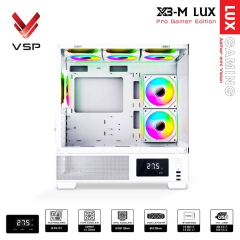 Thùng máy tính VSP Gaming X3-M Lux (M-ATX, hiển thị nhiệt độ) - Màu trắng