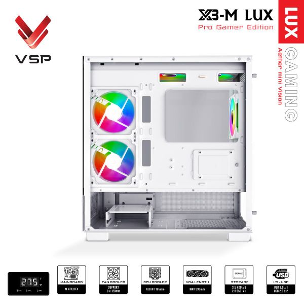Thùng máy tính VSP Gaming X3-M Lux (M-ATX, hiển thị nhiệt độ) - Màu trắng