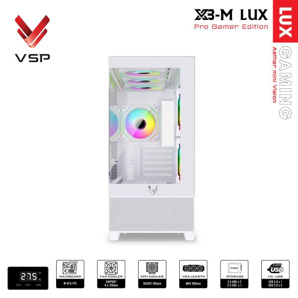 Thùng máy tính VSP Gaming X3-M Lux (M-ATX, hiển thị nhiệt độ) - Màu trắng