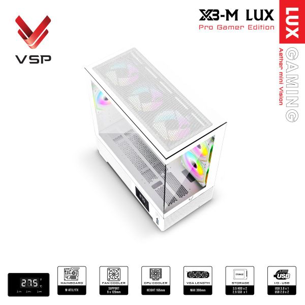 Thùng máy tính VSP Gaming X3-M Lux (M-ATX, hiển thị nhiệt độ) - Màu trắng