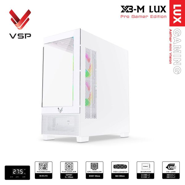 Thùng máy tính VSP Gaming X3-M Lux (M-ATX, hiển thị nhiệt độ) - Màu trắng