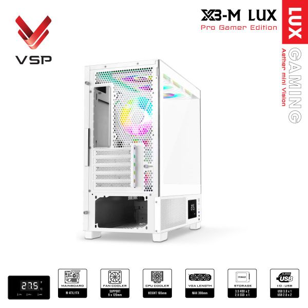 Thùng máy tính VSP Gaming X3-M Lux (M-ATX, hiển thị nhiệt độ) - Màu trắng