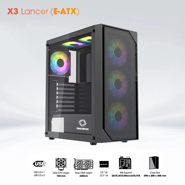 Thùng máy tính Coolerplus Gaming X3 Lancer (EATX, ATX, M-ATX) - Màu đen