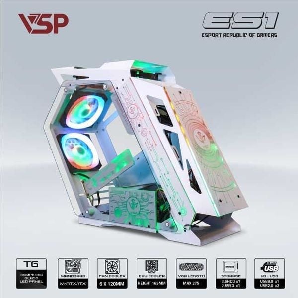 Thùng máy vỏ case máy tính VSP GAMING ES1 - Trắng (2ND, không box)