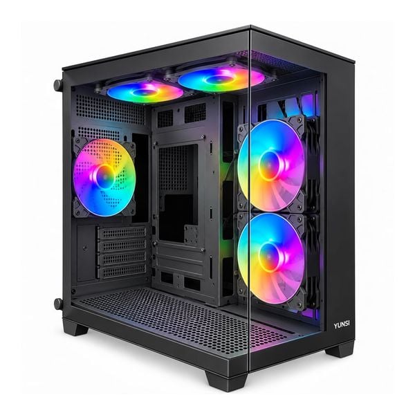 Case YUNSI 240 PRO sẵn 5 fan RGB, M-ATX, Hỗ trợ AIO 240mm, 2 kính cường lực, Đen/Trắng