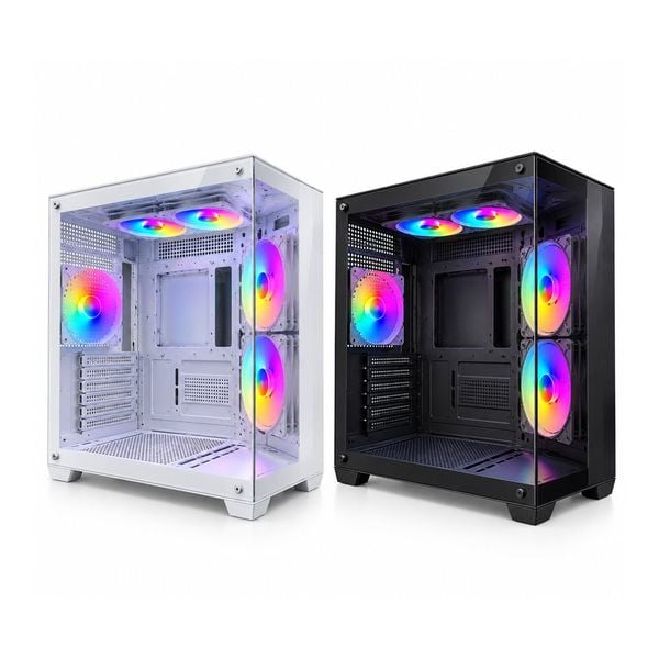 Case YUNSI 240 PRO sẵn 5 fan RGB, M-ATX, Hỗ trợ AIO 240mm, 2 kính cường lực, Đen/Trắng