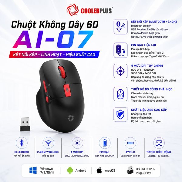 Chuột không dây Coolerplus AI A07 (tích hợp chat GPT AI) - Màu đen