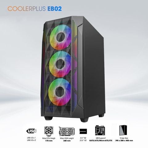 Thùng máy tính Coolerplus CPC-EB02 (EATX, Sẳn 3 FAN LED, kính cường lực)