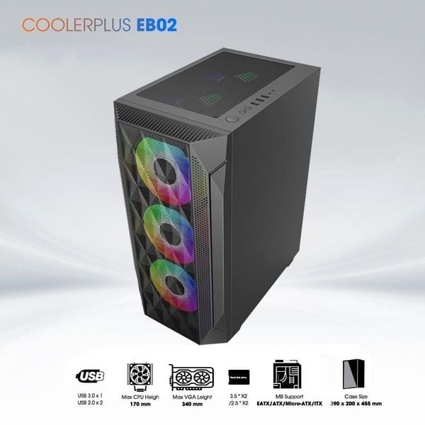 Thùng máy tính Coolerplus CPC-EB02 (EATX, Sẳn 3 FAN LED, kính cường lực)