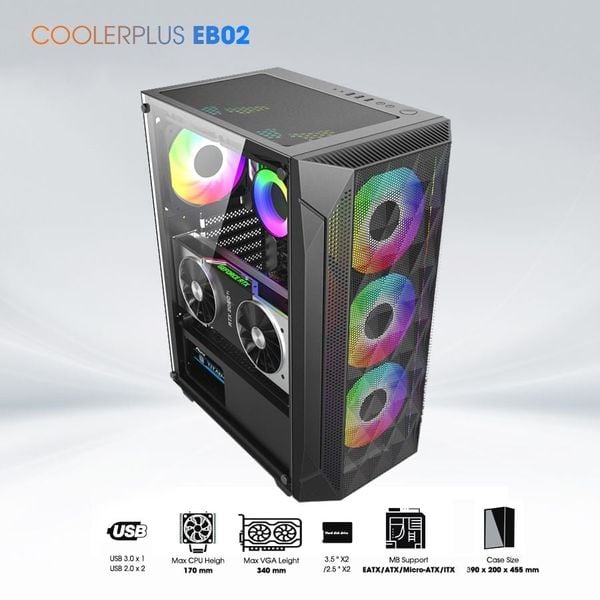 Thùng máy tính Coolerplus CPC-EB02 (EATX, Sẳn 3 FAN LED, kính cường lực)