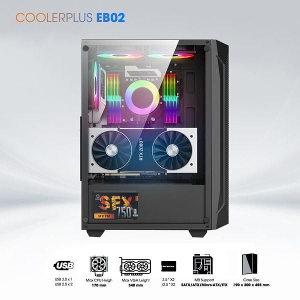 Thùng máy tính Coolerplus CPC-EB02 (EATX, Sẳn 3 FAN LED, kính cường lực)