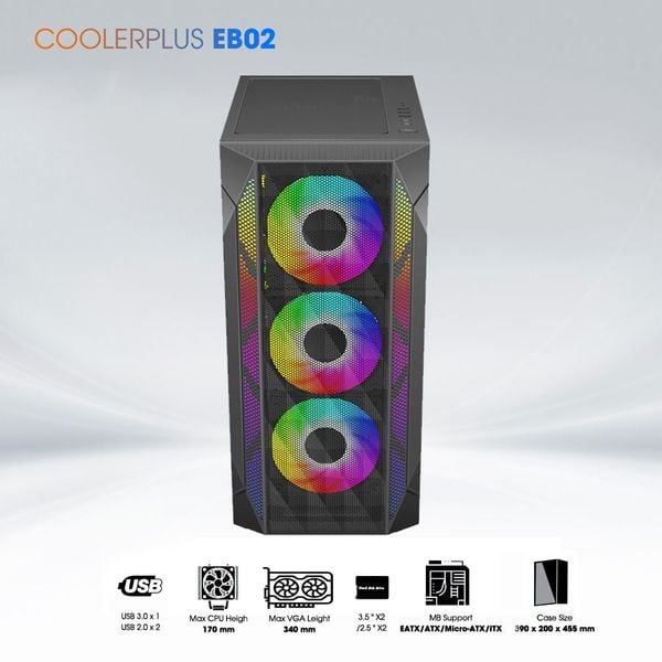 Thùng máy tính Coolerplus CPC-EB02 (EATX, Sẳn 3 FAN LED, kính cường lực)