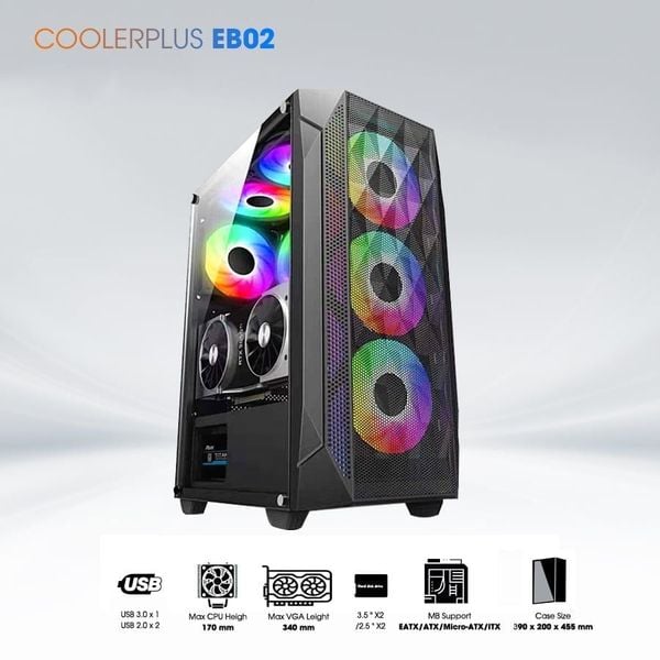 Thùng máy tính Coolerplus CPC-EB02 (EATX, Sẳn 3 FAN LED, kính cường lực)