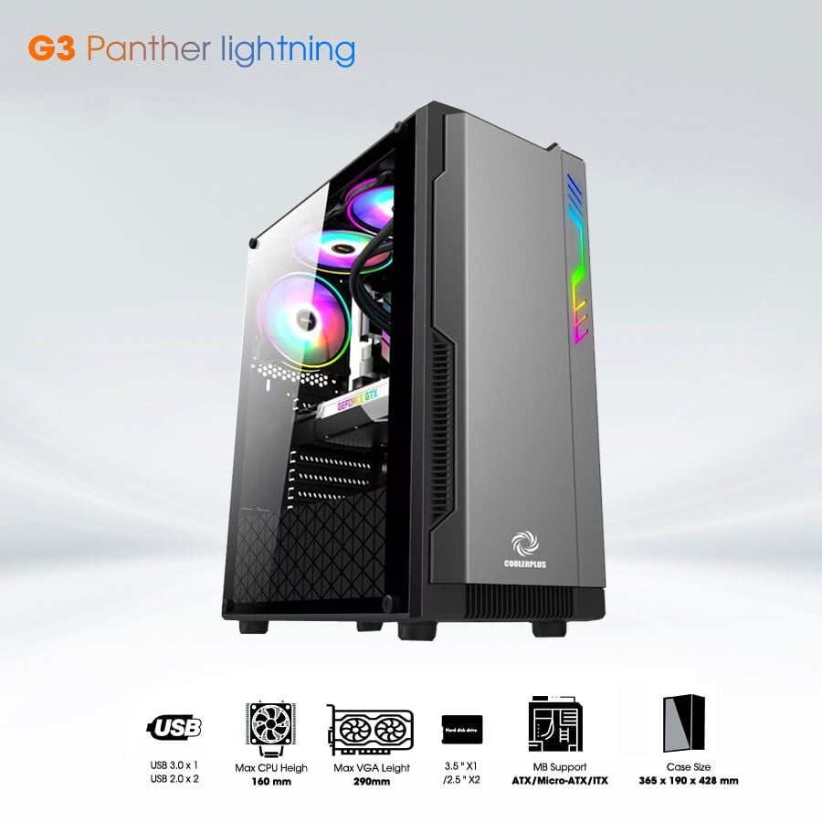 Thùng máy tính Gaming Coolerplus G3 Panther lightning - Màu đen nhám