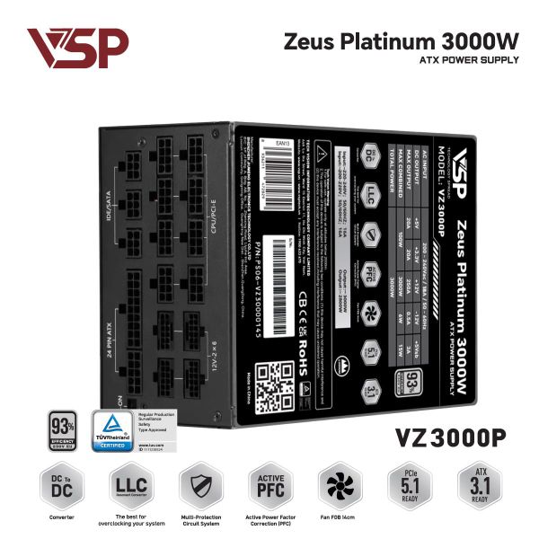 Nguồn VSP Zeus Platinum 3000W VZ3000P 80 PLUS Platinum Full Modular ATX 3.1 PCIe 5.1