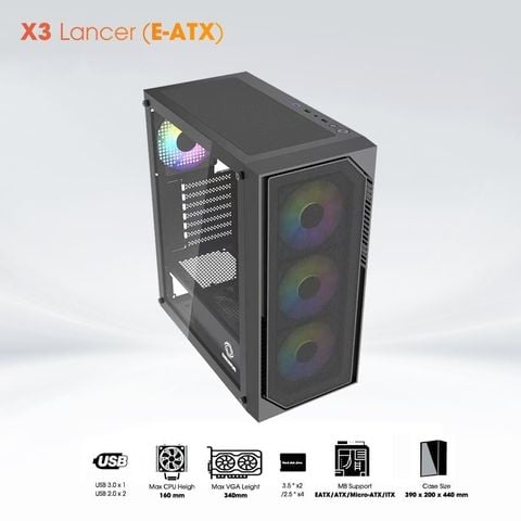 Thùng máy tính Coolerplus Gaming X3 Lancer (EATX, ATX, M-ATX) - Màu đen