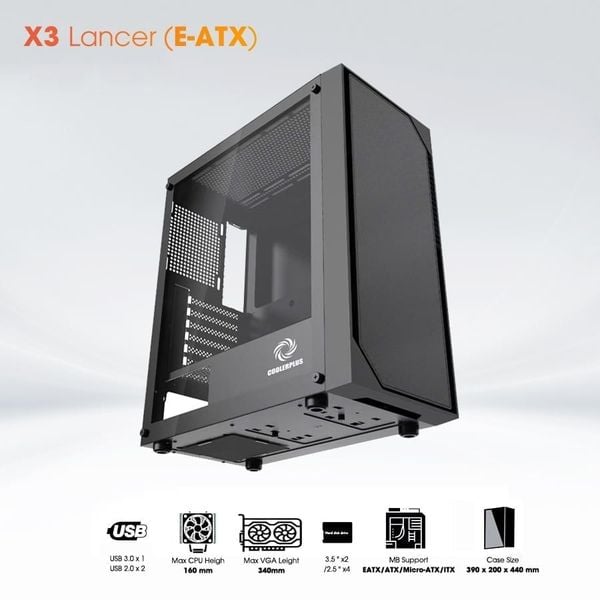 Thùng máy tính Coolerplus Gaming X3 Lancer (EATX, ATX, M-ATX) - Màu đen