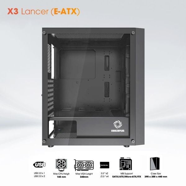 Thùng máy tính Coolerplus Gaming X3 Lancer (EATX, ATX, M-ATX) - Màu đen