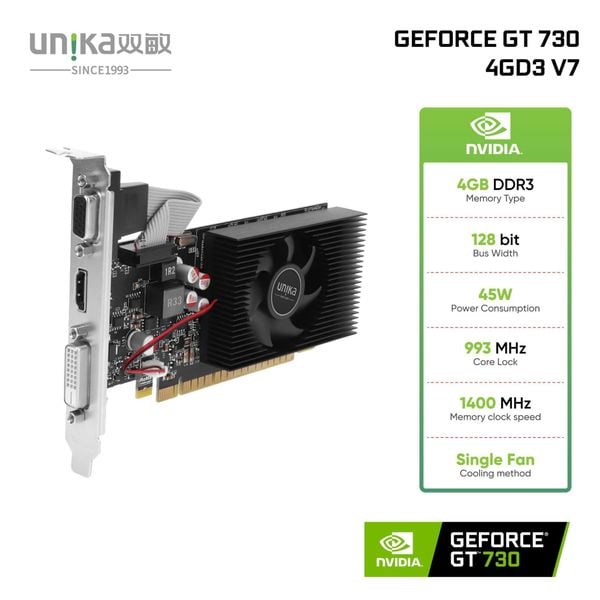 Card màn hình Unika Nvidia GeForce GT 730 4GD3 V7 - Màu đen