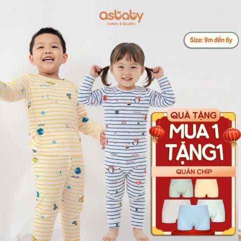 Bộ quần áo dài tay Asbaby vải Cotton Rayon phối họa tiết sọc AST42