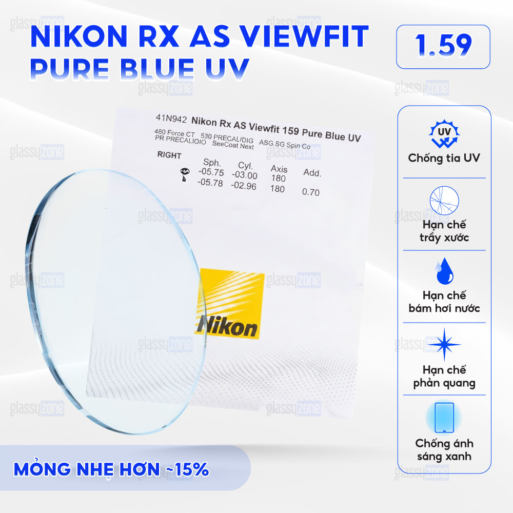 Tròng kính đánh Nikon Rx AS Viewfit Pure Blue UV
