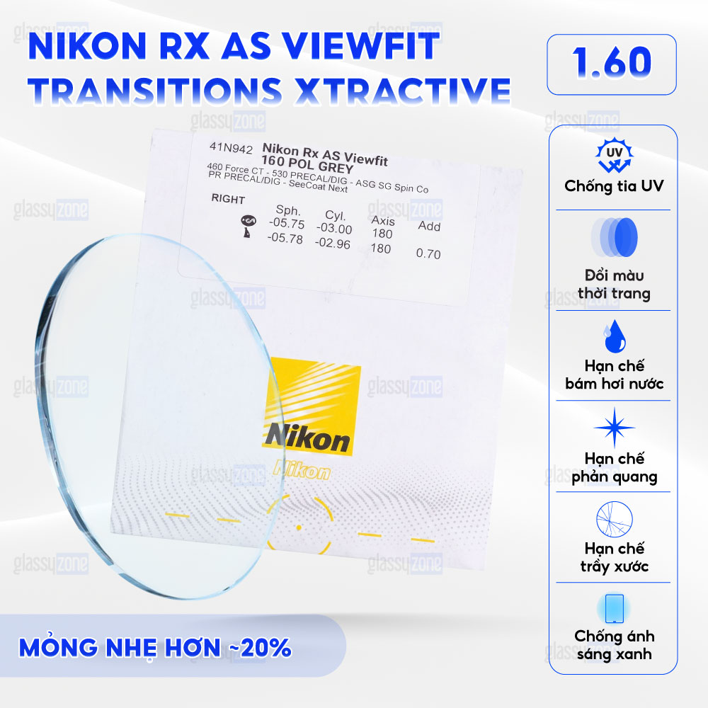 Tròng kính đánh Nikon Rx AS Viewfit Transitions Xtractive