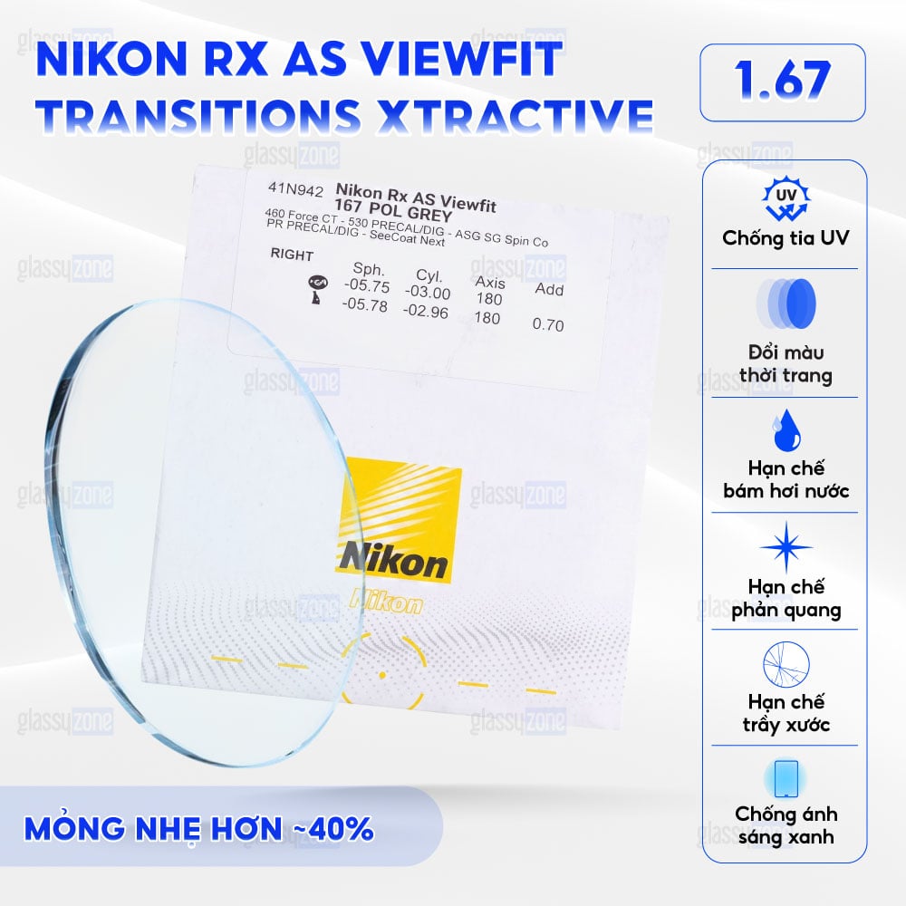 Tròng kính đánh Nikon Rx AS Viewfit Transitions Xtractive